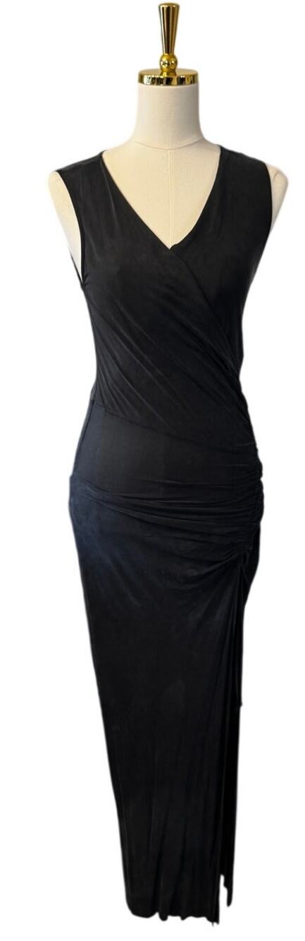 AllSaints Black Ruched Sleeveless Wrap Maxi Dress Cupro Stretch Size Small